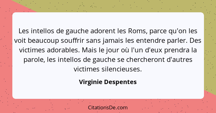 Les intellos de gauche adorent les Roms, parce qu'on les voit beaucoup souffrir sans jamais les entendre parler. Des victimes ado... - Virginie Despentes