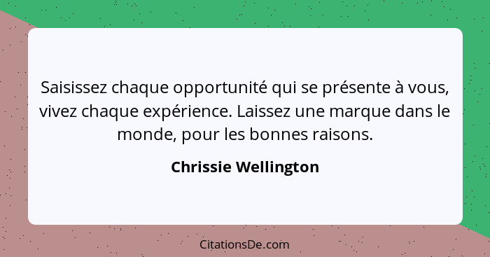 Saisissez chaque opportunité qui se présente à vous, vivez chaque expérience. Laissez une marque dans le monde, pour les bonnes... - Chrissie Wellington