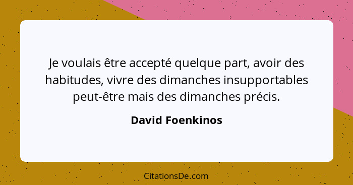 Je voulais être accepté quelque part, avoir des habitudes, vivre des dimanches insupportables peut-être mais des dimanches précis.... - David Foenkinos