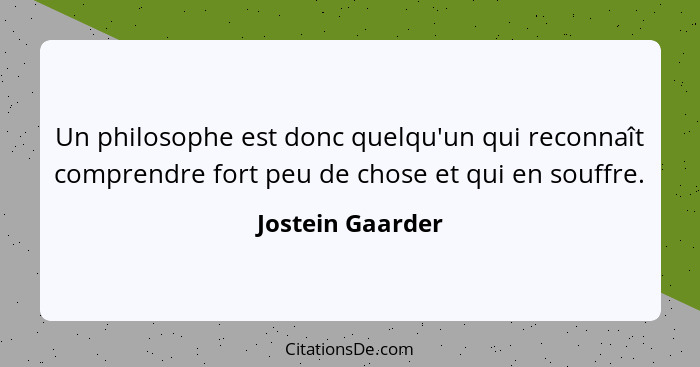 Un philosophe est donc quelqu'un qui reconnaît comprendre fort peu de chose et qui en souffre.... - Jostein Gaarder