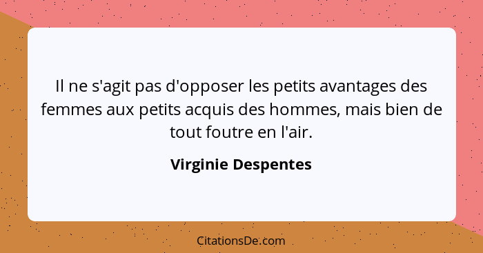 Il ne s'agit pas d'opposer les petits avantages des femmes aux petits acquis des hommes, mais bien de tout foutre en l'air.... - Virginie Despentes