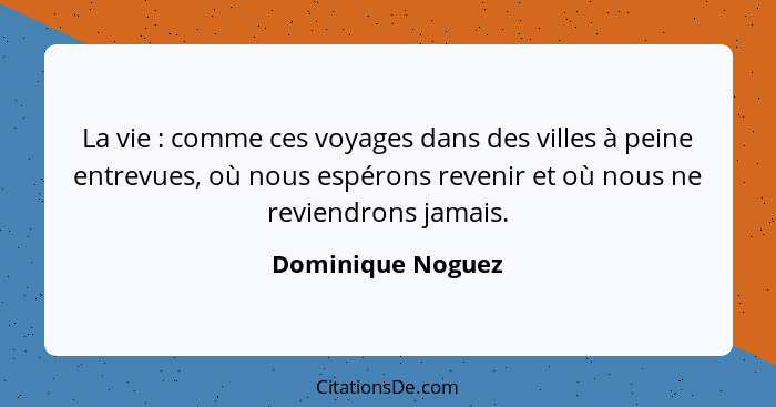 La vie : comme ces voyages dans des villes à peine entrevues, où nous espérons revenir et où nous ne reviendrons jamais.... - Dominique Noguez