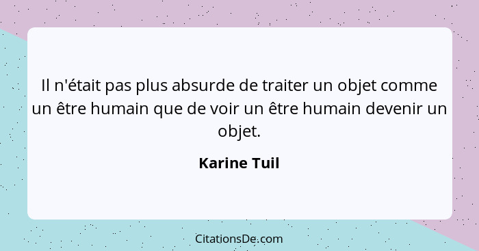 Il n'était pas plus absurde de traiter un objet comme un être humain que de voir un être humain devenir un objet.... - Karine Tuil