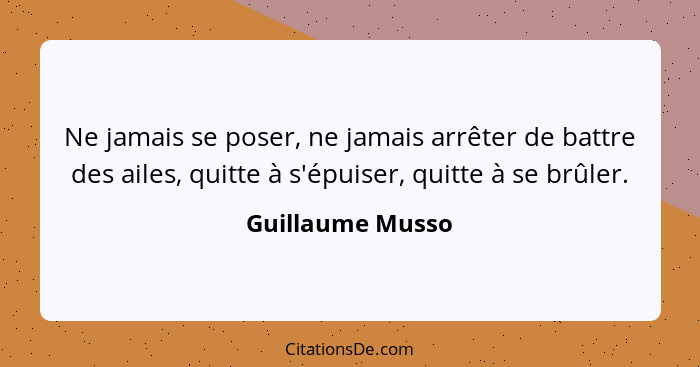 Ne jamais se poser, ne jamais arrêter de battre des ailes, quitte à s'épuiser, quitte à se brûler.... - Guillaume Musso