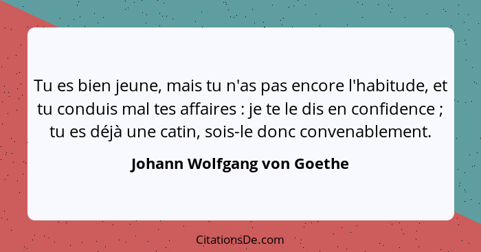 Tu es bien jeune, mais tu n'as pas encore l'habitude, et tu conduis mal tes affaires : je te le dis en confidence&nb... - Johann Wolfgang von Goethe