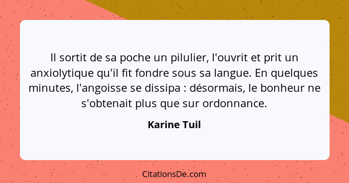 Il sortit de sa poche un pilulier, l'ouvrit et prit un anxiolytique qu'il fit fondre sous sa langue. En quelques minutes, l'angoisse se... - Karine Tuil