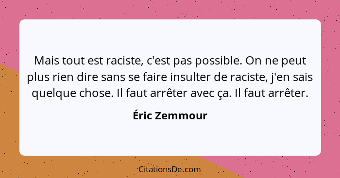 Mais tout est raciste, c'est pas possible. On ne peut plus rien dire sans se faire insulter de raciste, j'en sais quelque chose. Il fau... - Éric Zemmour