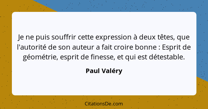 Je ne puis souffrir cette expression à deux têtes, que l'autorité de son auteur a fait croire bonne : Esprit de géométrie, esprit d... - Paul Valéry