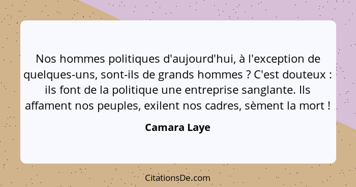 Nos hommes politiques d'aujourd'hui, à l'exception de quelques-uns, sont-ils de grands hommes ? C'est douteux : ils font de la... - Camara Laye