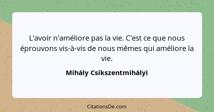 L'avoir n'améliore pas la vie. C'est ce que nous éprouvons vis-à-vis de nous mêmes qui améliore la vie.... - Mihály Csíkszentmihályi