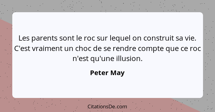 Les parents sont le roc sur lequel on construit sa vie. C'est vraiment un choc de se rendre compte que ce roc n'est qu'une illusion.... - Peter May