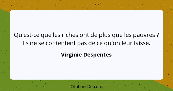 Qu'est-ce que les riches ont de plus que les pauvres ? Ils ne se contentent pas de ce qu'on leur laisse.... - Virginie Despentes