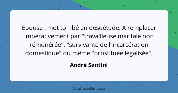 Epouse : mot tombé en désuétude. A remplacer impérativement par "travailleuse maritale non rémunérée", "survivante de l'incarcéra... - André Santini