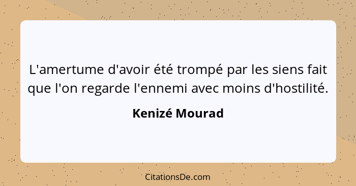 L'amertume d'avoir été trompé par les siens fait que l'on regarde l'ennemi avec moins d'hostilité.... - Kenizé Mourad