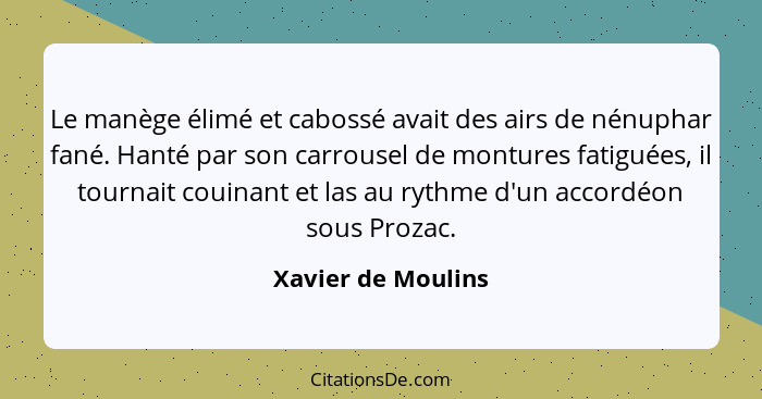 Le manège élimé et cabossé avait des airs de nénuphar fané. Hanté par son carrousel de montures fatiguées, il tournait couinant et... - Xavier de Moulins