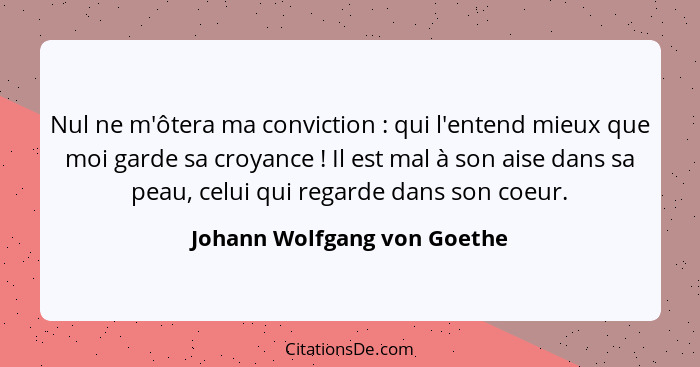 Nul ne m'ôtera ma conviction : qui l'entend mieux que moi garde sa croyance ! Il est mal à son aise dans sa pea... - Johann Wolfgang von Goethe