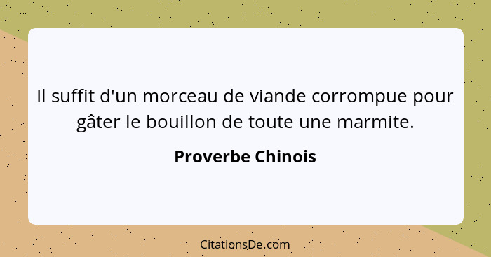 Il suffit d'un morceau de viande corrompue pour gâter le bouillon de toute une marmite.... - Proverbe Chinois