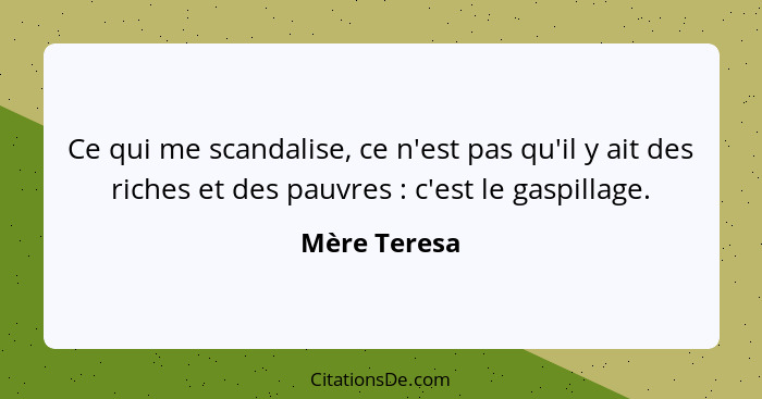 Ce qui me scandalise, ce n'est pas qu'il y ait des riches et des pauvres : c'est le gaspillage.... - Mère Teresa