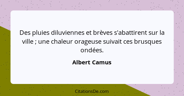 Des pluies diluviennes et brèves s'abattirent sur la ville ; une chaleur orageuse suivait ces brusques ondées.... - Albert Camus