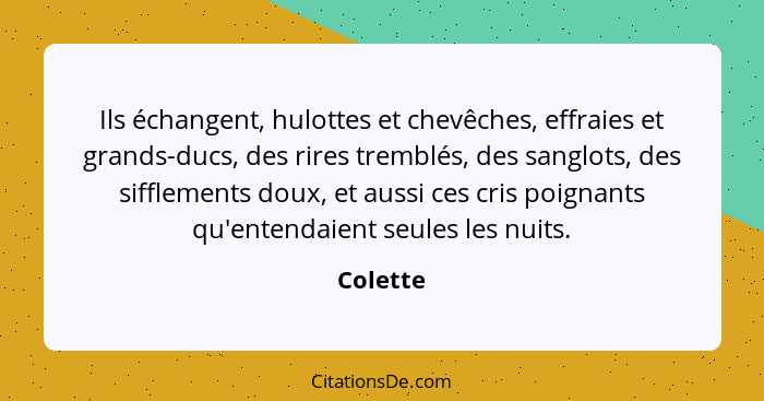 Ils échangent, hulottes et chevêches, effraies et grands-ducs, des rires tremblés, des sanglots, des sifflements doux, et aussi ces cris poi... - Colette