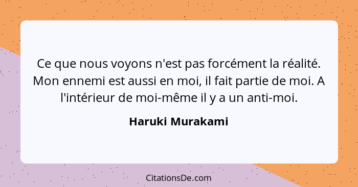 Ce que nous voyons n'est pas forcément la réalité. Mon ennemi est aussi en moi, il fait partie de moi. A l'intérieur de moi-même il... - Haruki Murakami