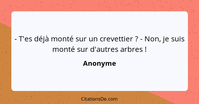 - T'es déjà monté sur un crevettier ? - Non, je suis monté sur d'autres arbres !... - Anonyme