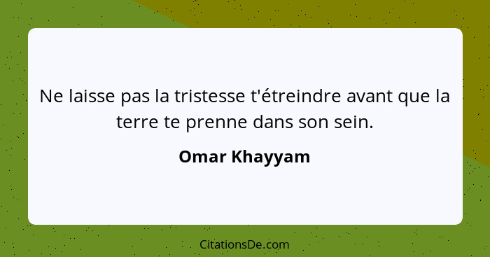 Ne laisse pas la tristesse t'étreindre avant que la terre te prenne dans son sein.... - Omar Khayyam