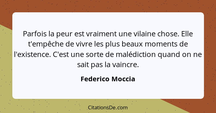 Parfois la peur est vraiment une vilaine chose. Elle t'empêche de vivre les plus beaux moments de l'existence. C'est une sorte de ma... - Federico Moccia