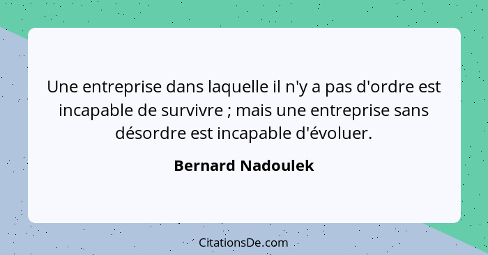 Une entreprise dans laquelle il n'y a pas d'ordre est incapable de survivre ; mais une entreprise sans désordre est incapable... - Bernard Nadoulek
