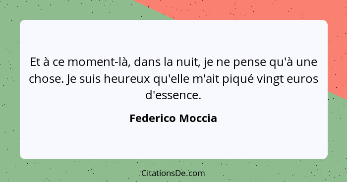 Et à ce moment-là, dans la nuit, je ne pense qu'à une chose. Je suis heureux qu'elle m'ait piqué vingt euros d'essence.... - Federico Moccia