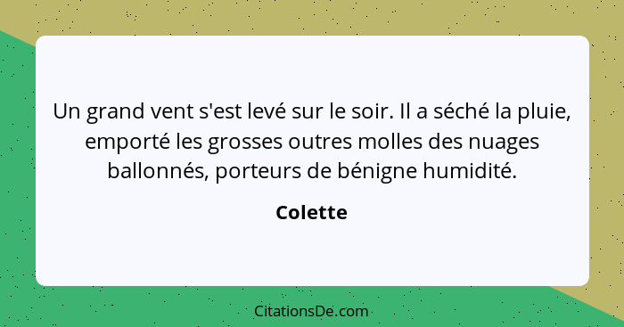 Un grand vent s'est levé sur le soir. Il a séché la pluie, emporté les grosses outres molles des nuages ballonnés, porteurs de bénigne humid... - Colette