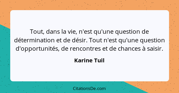 Tout, dans la vie, n'est qu'une question de détermination et de désir. Tout n'est qu'une question d'opportunités, de rencontres et de ch... - Karine Tuil