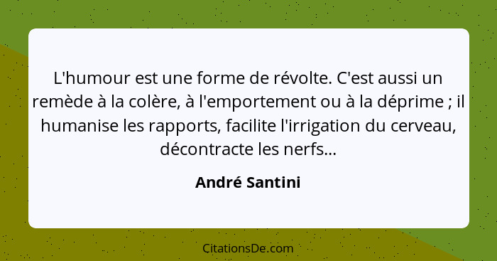 L'humour est une forme de révolte. C'est aussi un remède à la colère, à l'emportement ou à la déprime ; il humanise les rapports,... - André Santini