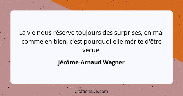 La vie nous réserve toujours des surprises, en mal comme en bien, c'est pourquoi elle mérite d'être vécue.... - Jérôme-Arnaud Wagner