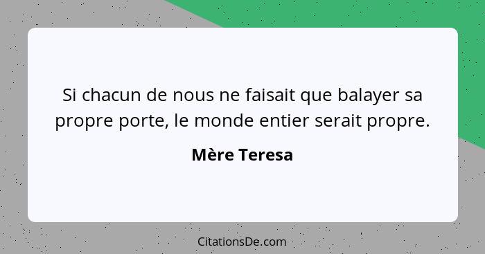 Si chacun de nous ne faisait que balayer sa propre porte, le monde entier serait propre.... - Mère Teresa