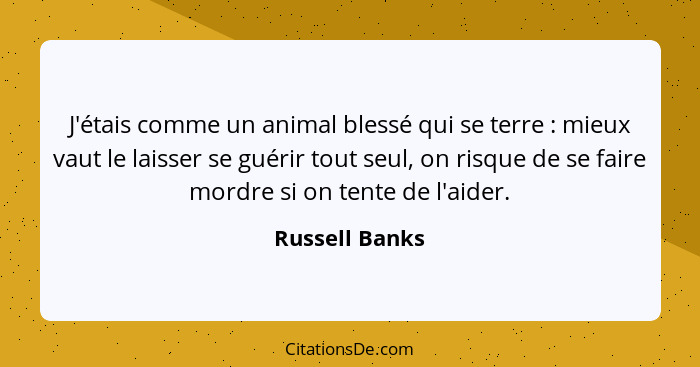 J'étais comme un animal blessé qui se terre : mieux vaut le laisser se guérir tout seul, on risque de se faire mordre si on tente... - Russell Banks