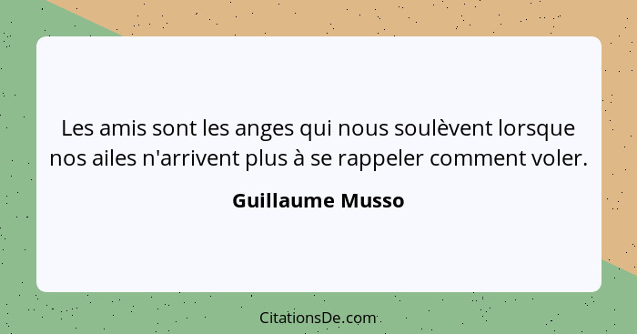 Les amis sont les anges qui nous soulèvent lorsque nos ailes n'arrivent plus à se rappeler comment voler.... - Guillaume Musso