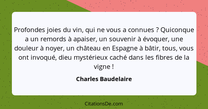 Profondes joies du vin, qui ne vous a connues ? Quiconque a un remords à apaiser, un souvenir à évoquer, une douleur à noyer... - Charles Baudelaire