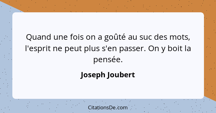 Quand une fois on a goûté au suc des mots, l'esprit ne peut plus s'en passer. On y boit la pensée.... - Joseph Joubert