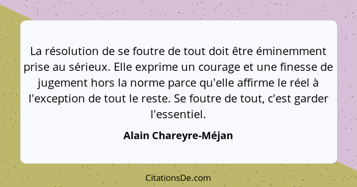 La résolution de se foutre de tout doit être éminemment prise au sérieux. Elle exprime un courage et une finesse de jugement ho... - Alain Chareyre-Méjan