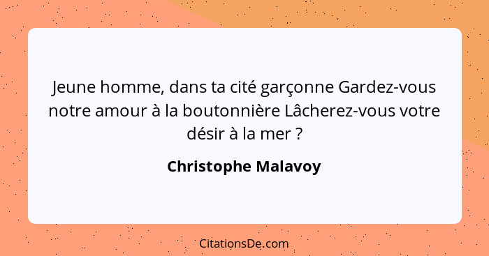 Jeune homme, dans ta cité garçonne Gardez-vous notre amour à la boutonnière Lâcherez-vous votre désir à la mer ?... - Christophe Malavoy