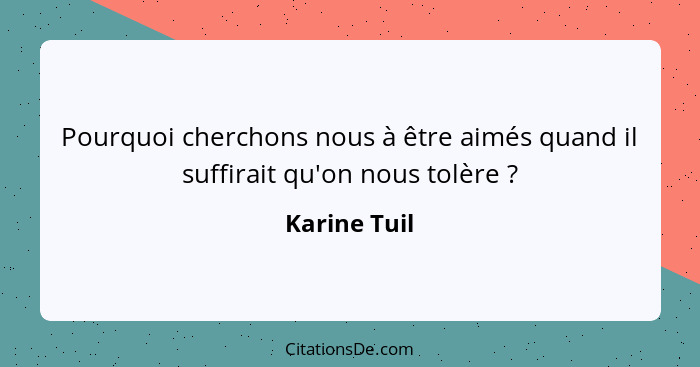 Pourquoi cherchons nous à être aimés quand il suffirait qu'on nous tolère ?... - Karine Tuil