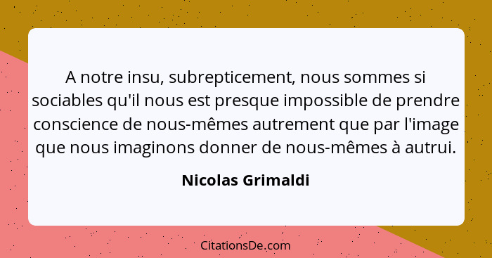 A notre insu, subrepticement, nous sommes si sociables qu'il nous est presque impossible de prendre conscience de nous-mêmes autrem... - Nicolas Grimaldi