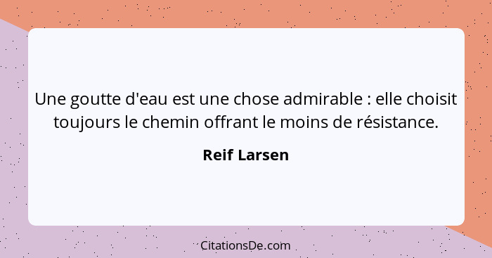 Une goutte d'eau est une chose admirable : elle choisit toujours le chemin offrant le moins de résistance.... - Reif Larsen