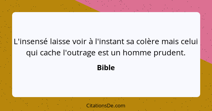 L'insensé laisse voir à l'instant sa colère mais celui qui cache l'outrage est un homme prudent.... - Bible