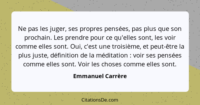 Ne pas les juger, ses propres pensées, pas plus que son prochain. Les prendre pour ce qu'elles sont, les voir comme elles sont. Oui... - Emmanuel Carrère