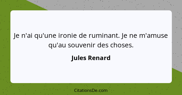 Je n'ai qu'une ironie de ruminant. Je ne m'amuse qu'au souvenir des choses.... - Jules Renard