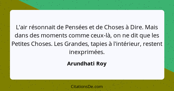 L'air résonnait de Pensées et de Choses à Dire. Mais dans des moments comme ceux-là, on ne dit que les Petites Choses. Les Grandes, ta... - Arundhati Roy