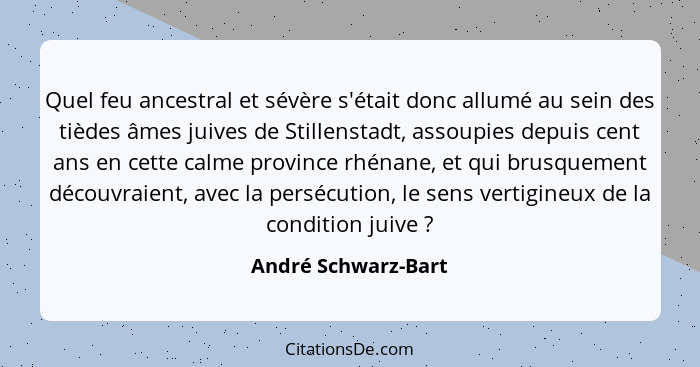 Quel feu ancestral et sévère s'était donc allumé au sein des tièdes âmes juives de Stillenstadt, assoupies depuis cent ans en cet... - André Schwarz-Bart