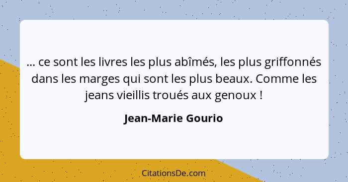 ... ce sont les livres les plus abîmés, les plus griffonnés dans les marges qui sont les plus beaux. Comme les jeans vieillis trou... - Jean-Marie Gourio